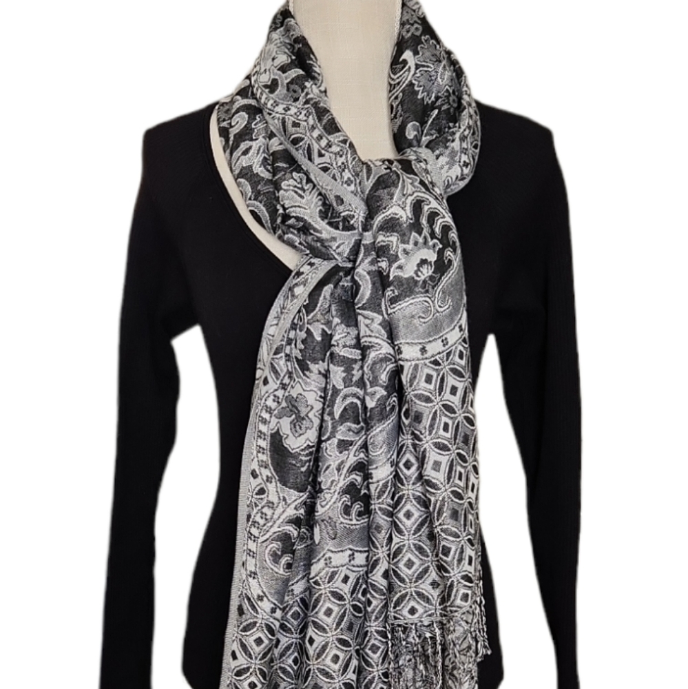 Waverly Shawl Fringe Wrap Scarf - Black - Grey - Charcoal
